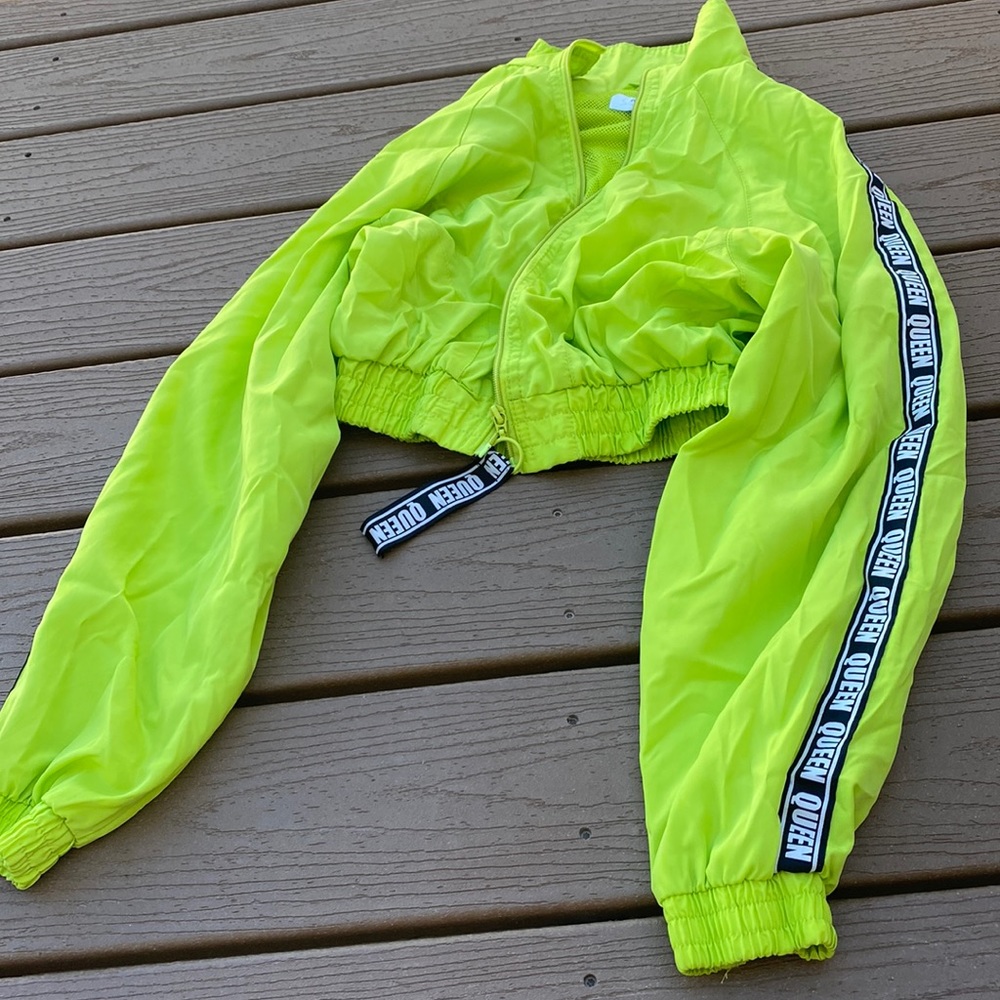 Lime green cropped zip up jacket.